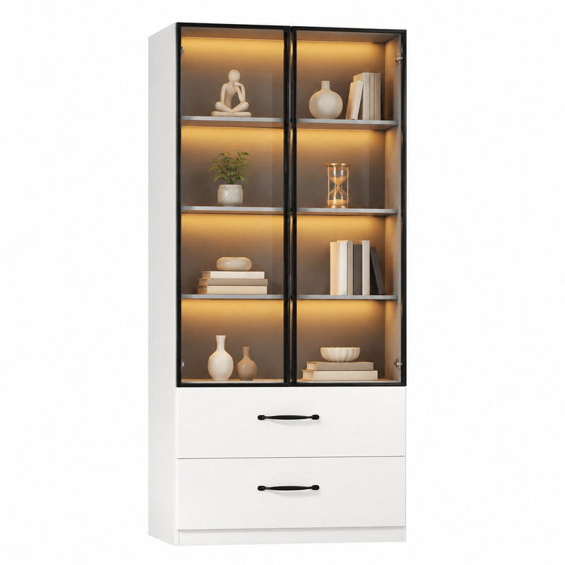 VITRINE mit LED und 2 Schubladen 60 x 40 x 160 cm Weiß - Weiß, Holzwerkstoff (40/160/60cm) - Beauniv