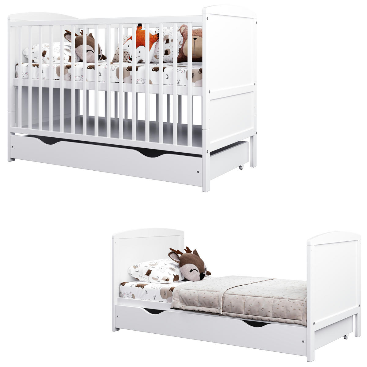 BABYBETT 2-IN-1 mit Schublade 60/120 cm Weiß - Weiß, Holz (60/120cm) - Lettino