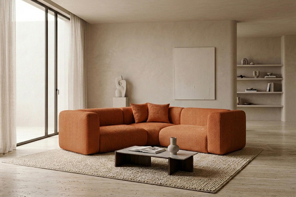 ECKSOFA Modulares, Corner mini, Chenille-Stoff Cremona, Kupfer, GRETA - Kupferfarben, Holz (380/190cm) - Kaiser Möbel