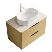 WASCHTISCHUNTERSCHRANK 75x46x62.2cm Beige/Eiche/Weiß mit ovalem Keramikbecken & Travertin-Arbeitsplatte - Eichefarben, Keramik (75/62.2/46cm) - Modfu