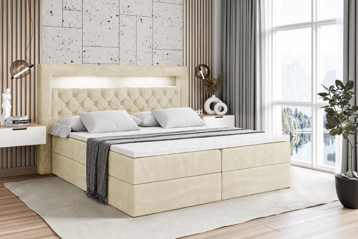 BOXBETT LED mit H4-Matratze und Lattenrost - NOEL GOLD - 120x200 Beige - Beige, Holzwerkstoff (120/200cm) - ALTDECOR