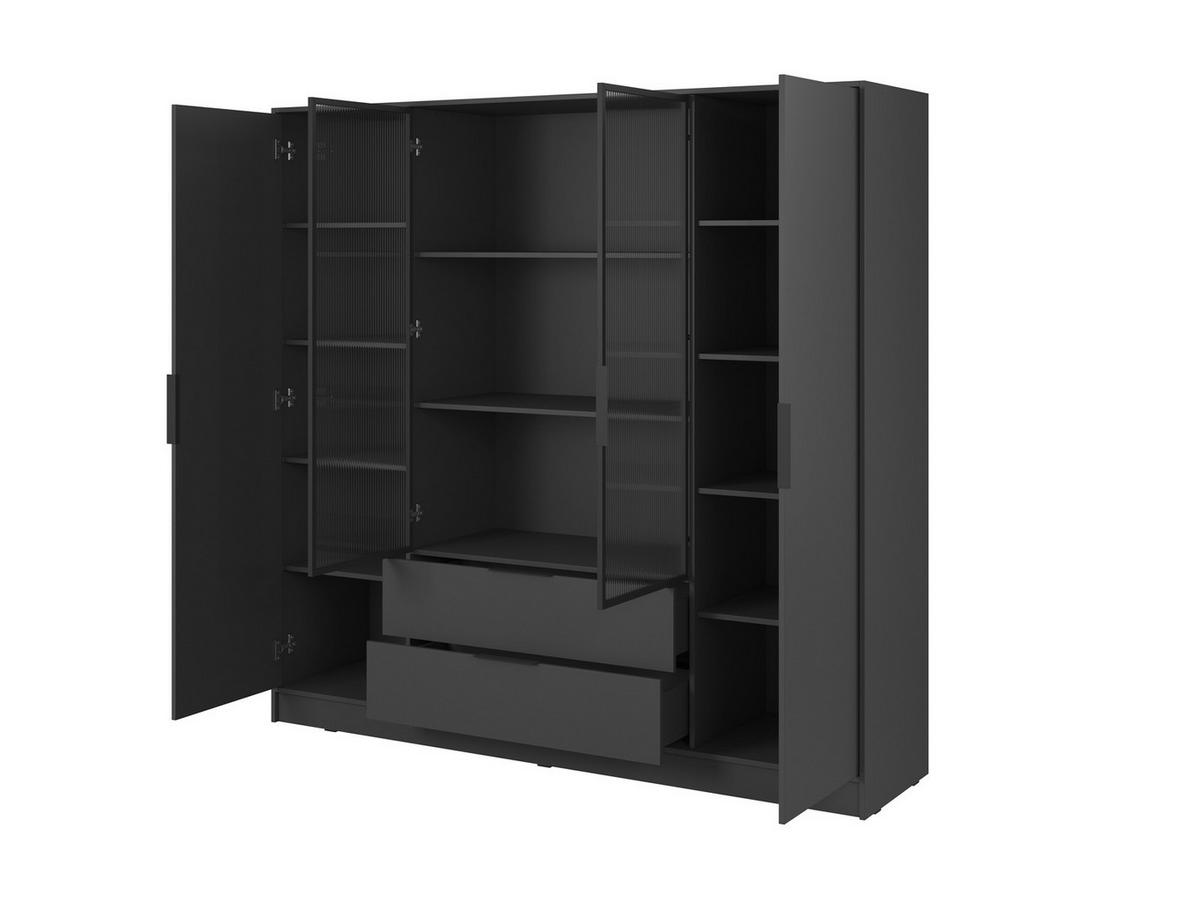 KLEIDERSCHRANK RICADI 4D RM (Graphit, Riffelglas, 4 Türen, 2 Schubladen, Kunststoffgriffe) - Schwarz/Graphitfarben, Holz/Holzwerkstoff (206/200/51cm) - Ravio