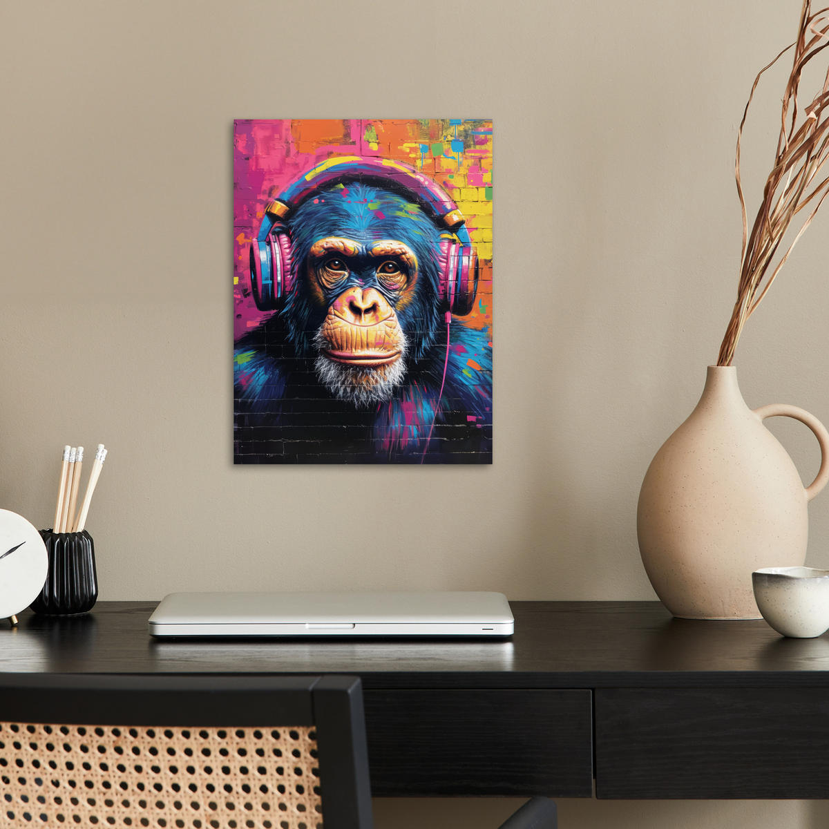POSTER Graffiti - Schimpanse - Straßenkunst - Kopfhörer - Affe 30x40 cm - Blau, Papier (30/40/0.1cm) - MuchoWow