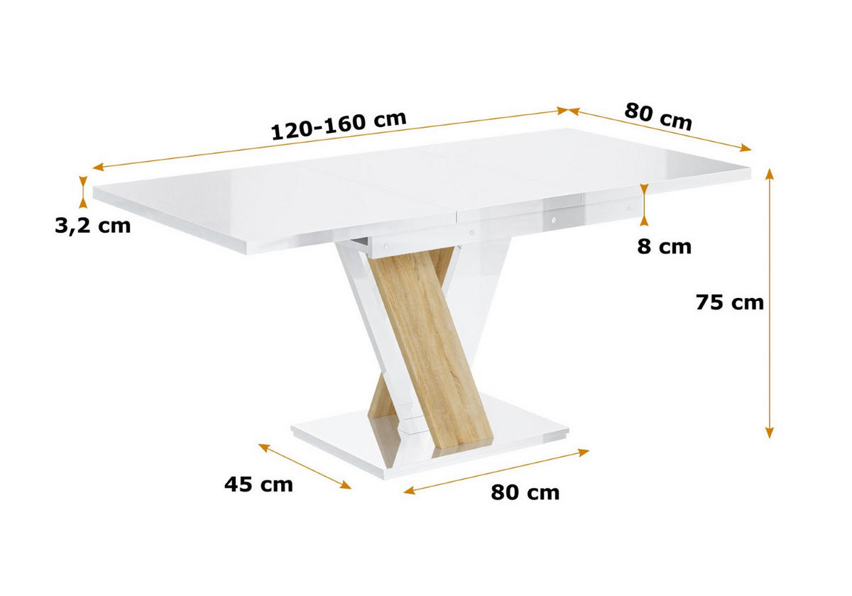 ESSTISCH ausziehbar 120 -160x80x75 cm - Hochglanz Weiß / Sonoma - ASIV - Eichefarben, Holzwerkstoff (120/80/75cm) - ALTDECOR