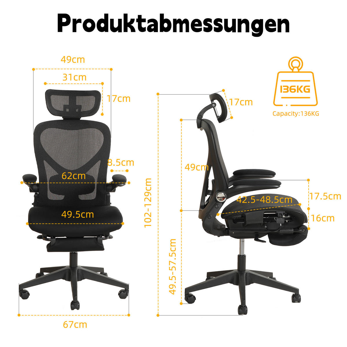 DREHSTUHL DE-40937 mit klappbarer Rückenlehne und 3D-Kopfstütze Schwarz - Schwarz, Metall (62/129/48.5cm) - ComfortXL