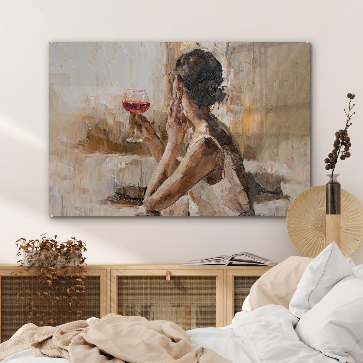 ACRYLGLASBILD Ölgemälde - Frau - Wein 120x80 cm - Hellbraun, Glas (120/80cm) - MuchoWow