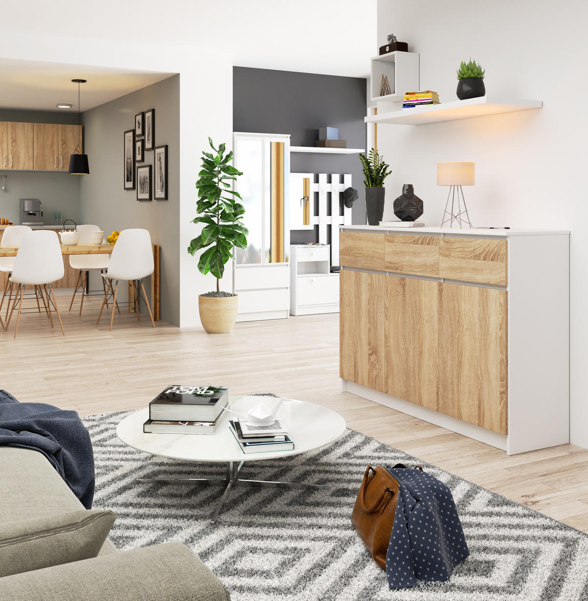 KOMMODE Weiß, Eiche Sonoma 99/138/40 - Weiß, Holzwerkstoff (138/99/40cm) - RAUMHIRSCH FURNITURE