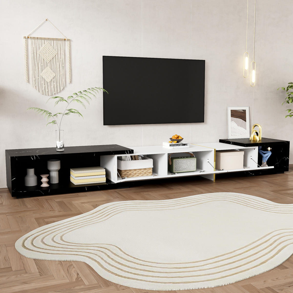 TV-SCHRANK erweiterbar in Weiß Hochglanz und schwarzer Marmoroptik 140–260/40/30 cm - Weiß, Holzwerkstoff (260/30/40cm) - Redom