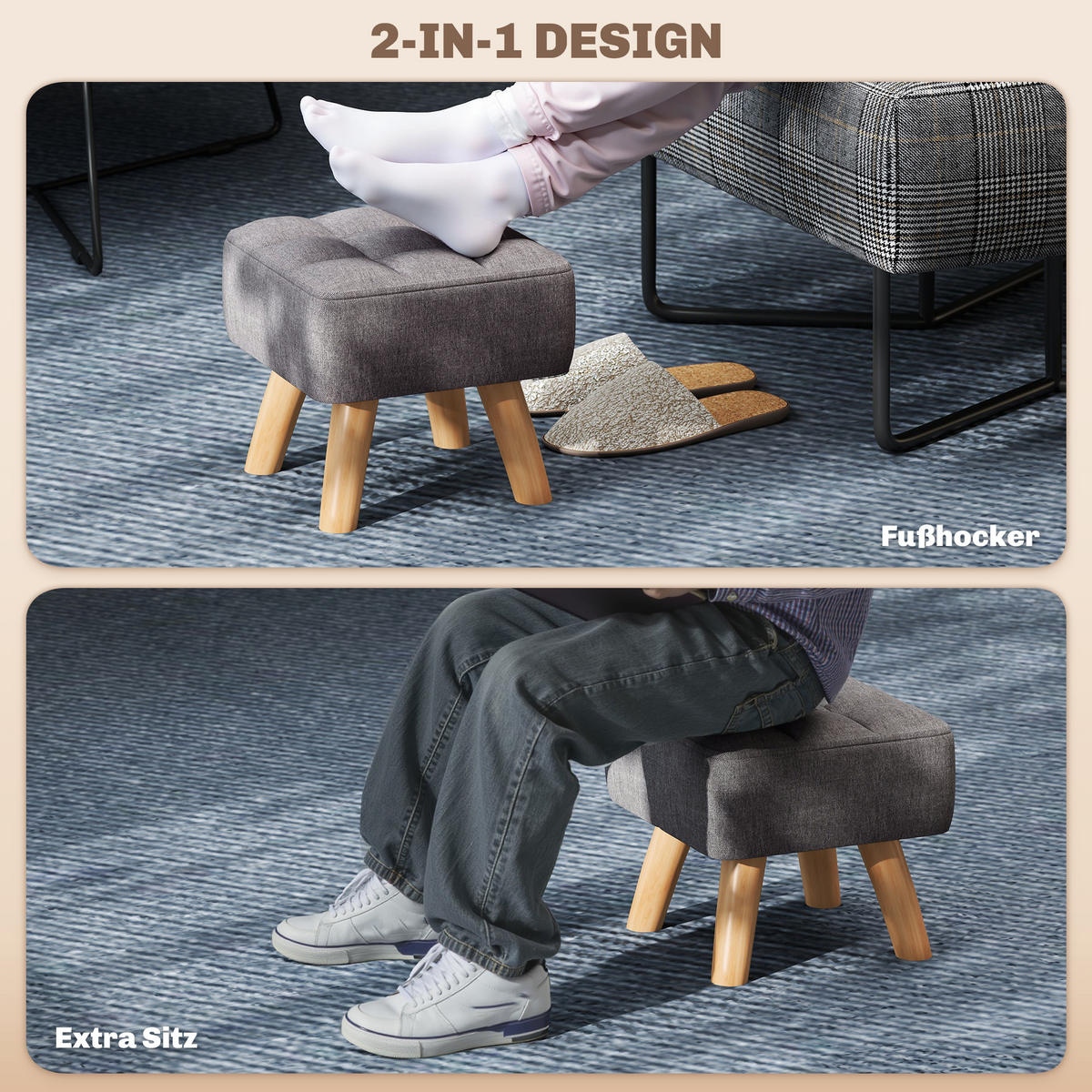 FUSSHOCKER Hocker Moderner Sitzhocker mit Leinenoptik, Holzbeine, Grau - Grau, Kunststoff (27/26/27cm) - HOMCOM