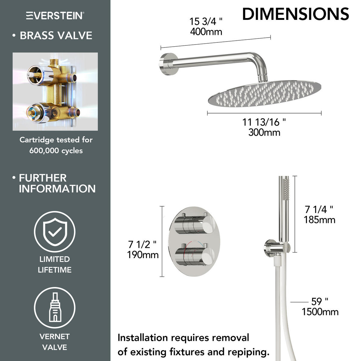 DUSCHARMATUR SFS-5008 Chrom, Unterputz, Thermostat, 300-mm-Kopfbrause, Handbrause, 400-mm-Duscharm - Chromfarben, Metall (30/19/40cm) - Everstein