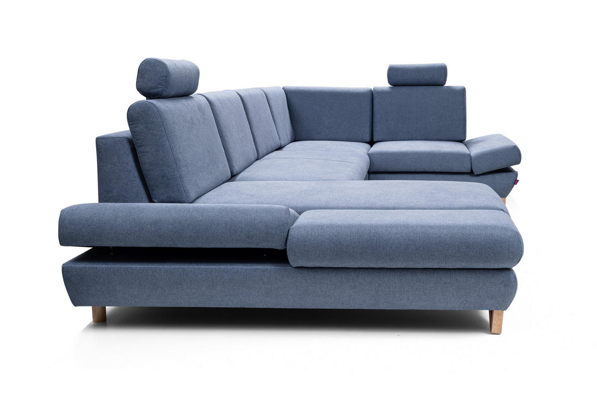 WOHNLANDSCHAFT CASA IV R-S Blau Plüsch-Stoff mit Schlaffunktion - Blau, Holz (344/100/199cm) - MASSENO