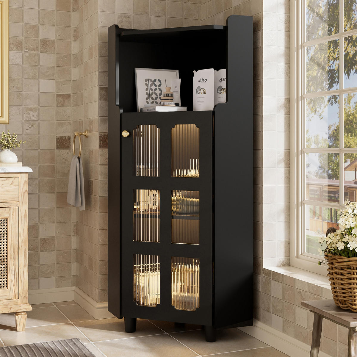 KÜCHENSCHRANK MIT LED 63,5/124/63,5 cm, MDF, Schwarz, APP-GESTEUERTE BELEUCHTUNG, platzsparende Eckkommode für Badezimmer - Schwarz, Holzwerkstoff (63.5/124/63.5cm) - Rolipo