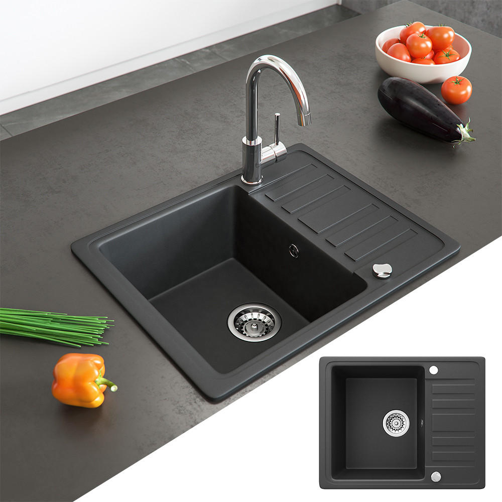 SPÜLBECKEN Schwarz 57.5 x 46 cm mit Trockenplatz - Schwarz, Keramik (57.5/19/46cm) - Bergstroem