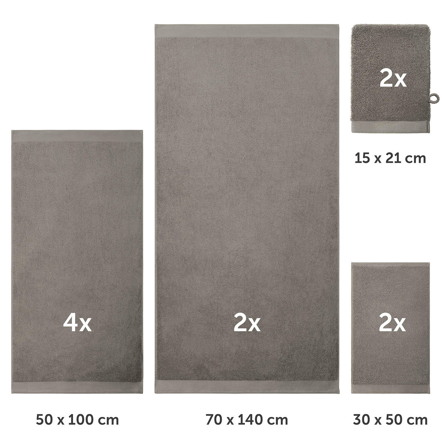 HANDTUCH 8-teilig, 2x Badetuch 70/140 + 4x Handtuch 50/100 + 2x Gästetuch 30/30 + 2x Waschlappen 15/20 cm, Grau - Grau, Textil (70/140cm) - Blumtal