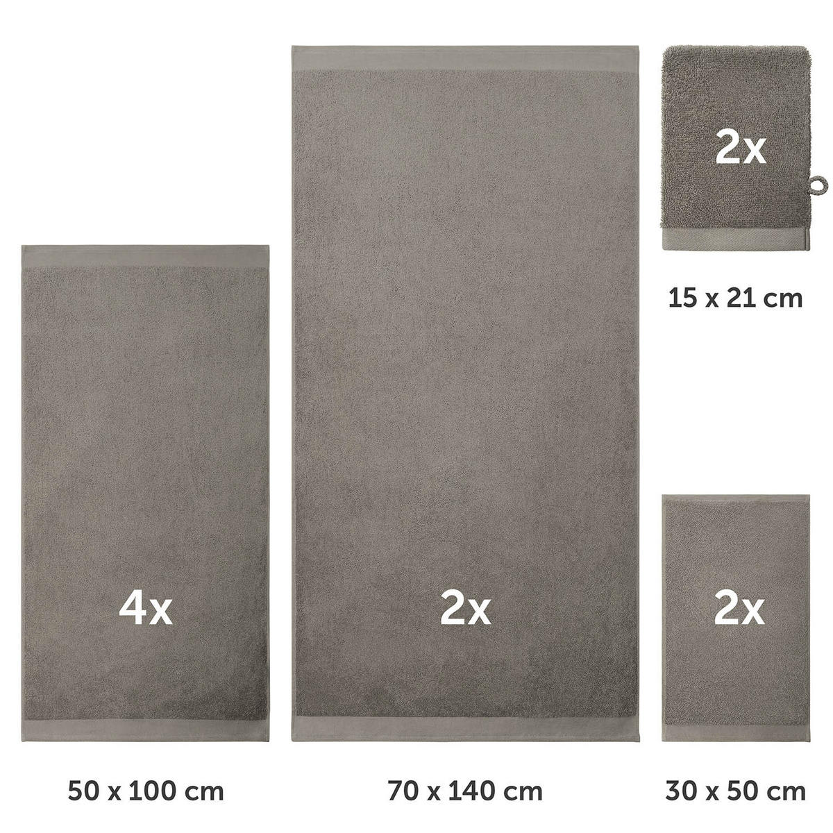 HANDTUCH 8-teilig, 2x Badetuch 70/140 + 4x Handtuch 50/100 + 2x Gästetuch 30/30 + 2x Waschlappen 15/20 cm, Grau - Grau, Textil (70/140cm) - Blumtal