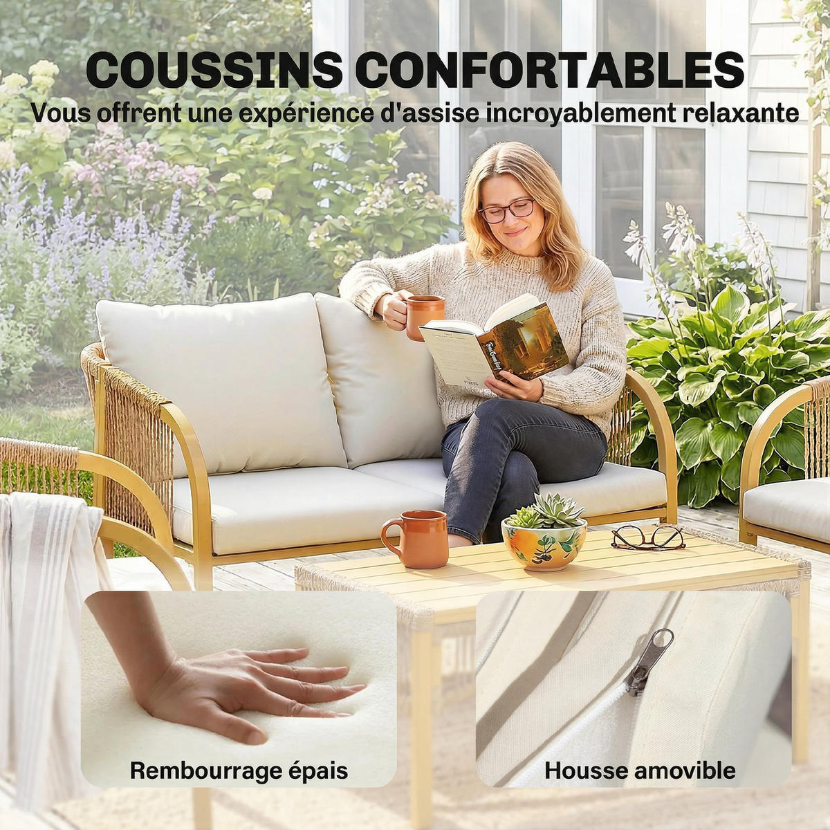 GARTENLOUNGE-SET 4tlg. DE-13719 mit Sofa & 2 Sesseln Kaki - Mokka, Metall - ComfortXL