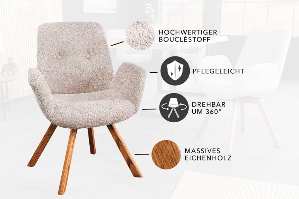 STUHL BALTIC Bouclé Beige 85 cm - Beige/Creme, Holz/Textil (61/85/63cm) - riess-ambiente
