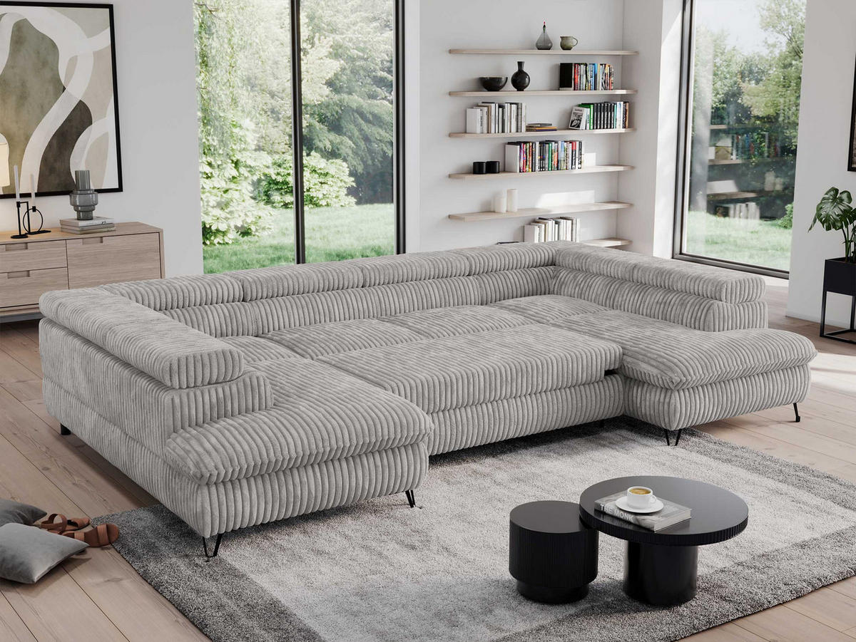 WOHNLANDSCHAFT PEDRO U Cord Grau - Schwarz/Grau, Textil/Metall (346/76/208cm) - MKS