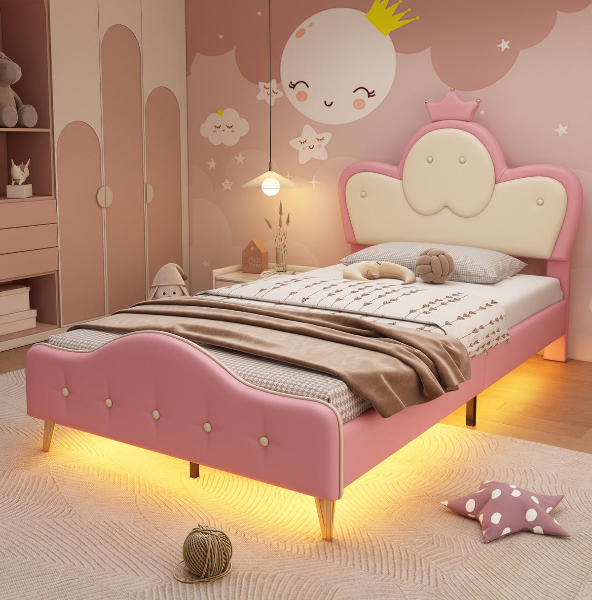 POLSTERBETT 90/200 cm in Rosa/Weiß mit LED-Beleuchtung und Kronen-Kopfteil - Weiß, Kunststoff (90/200cm) - Flora Grace