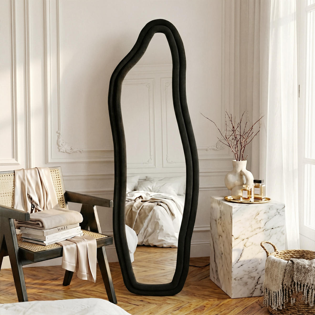 GANZKÖRPERSPIEGEL Wellen-Design mit U-Standfuß & Scharnier 160/50 cm Schwarz - Schwarz, Glas/Holzwerkstoff (50/160/3cm) - Creahappy