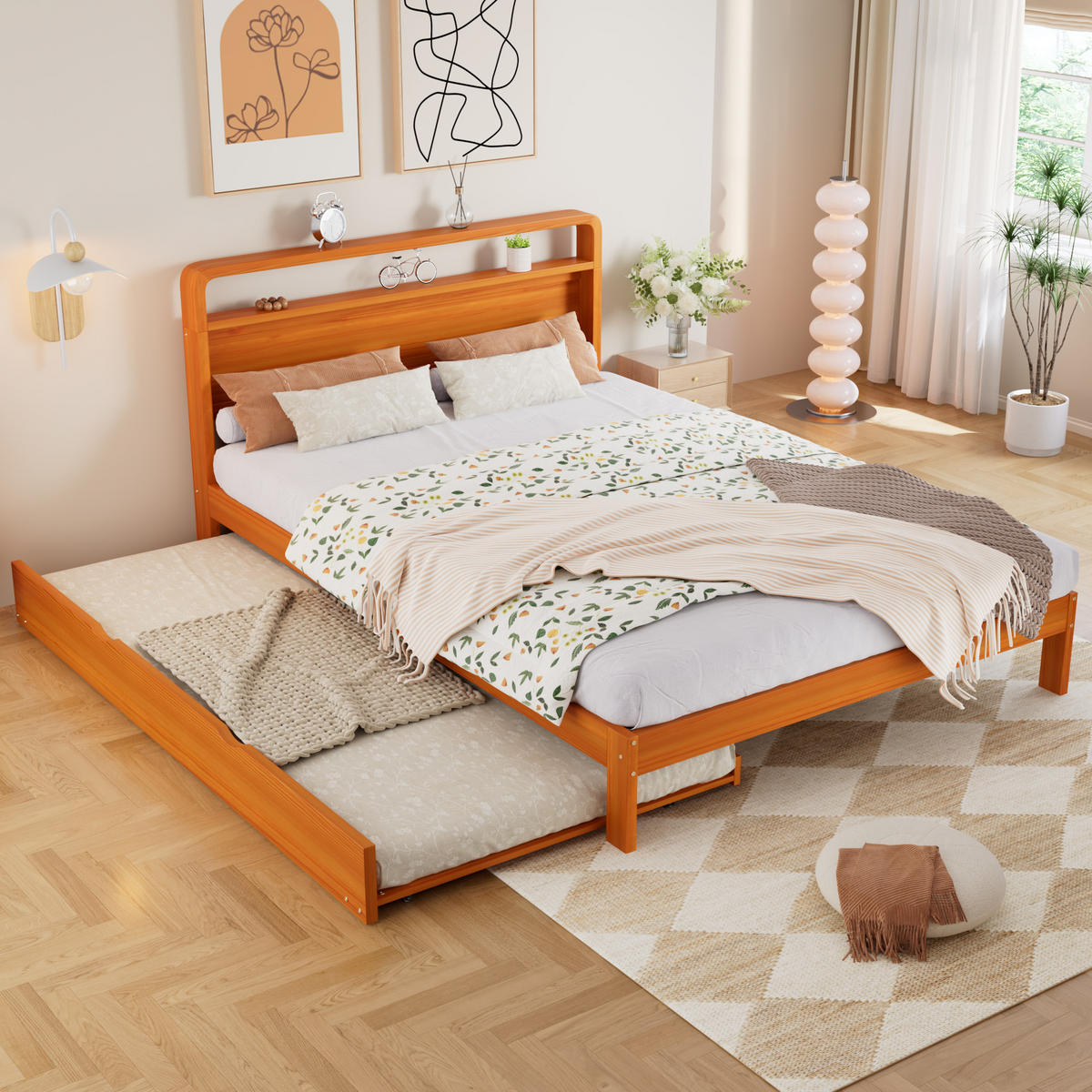 BETT 140/200 cm in Natur mit Ausziehbett, Gästebett und abgerundetem Kopfteil aus Holz - Naturfarben, Holzwerkstoff (140/200cm) - STILVORA
