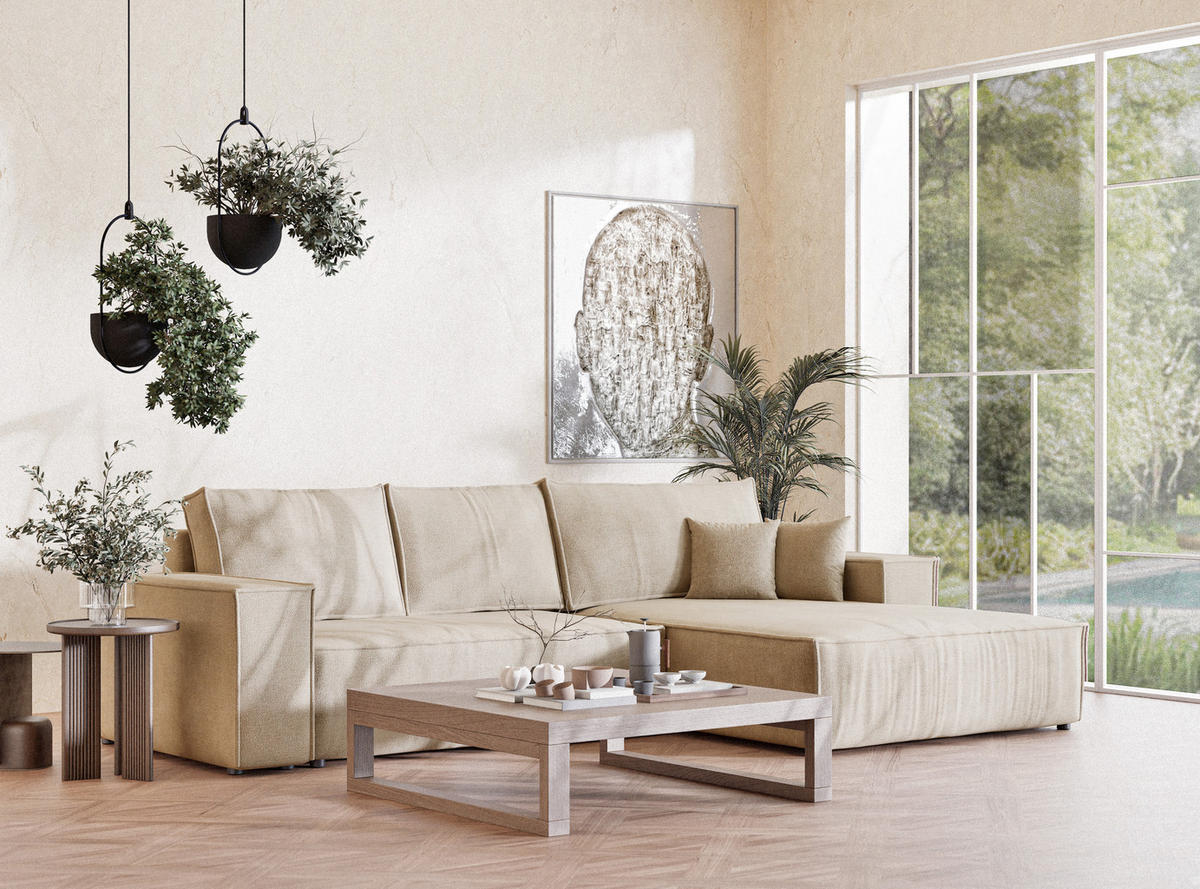 ECKSOFA Maze Beige Chenille-Stoff - Rechts Seite - Beige/Schwarz, Holz/Holzwerkstoff (294/185cm) - Maison de Reve