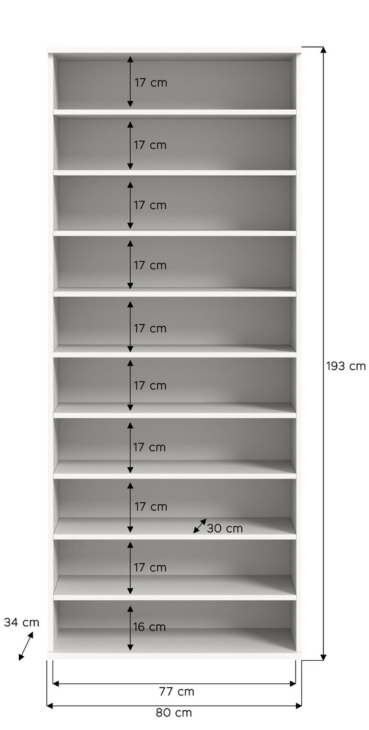 SCHUHREGAL weiß 80 x 193 cm, Flurregal mit variabler Inneneinteilung - Chromfarben/Weiß, Holzwerkstoff/Kunststoff (80/193/34cm) - Inn.Furn