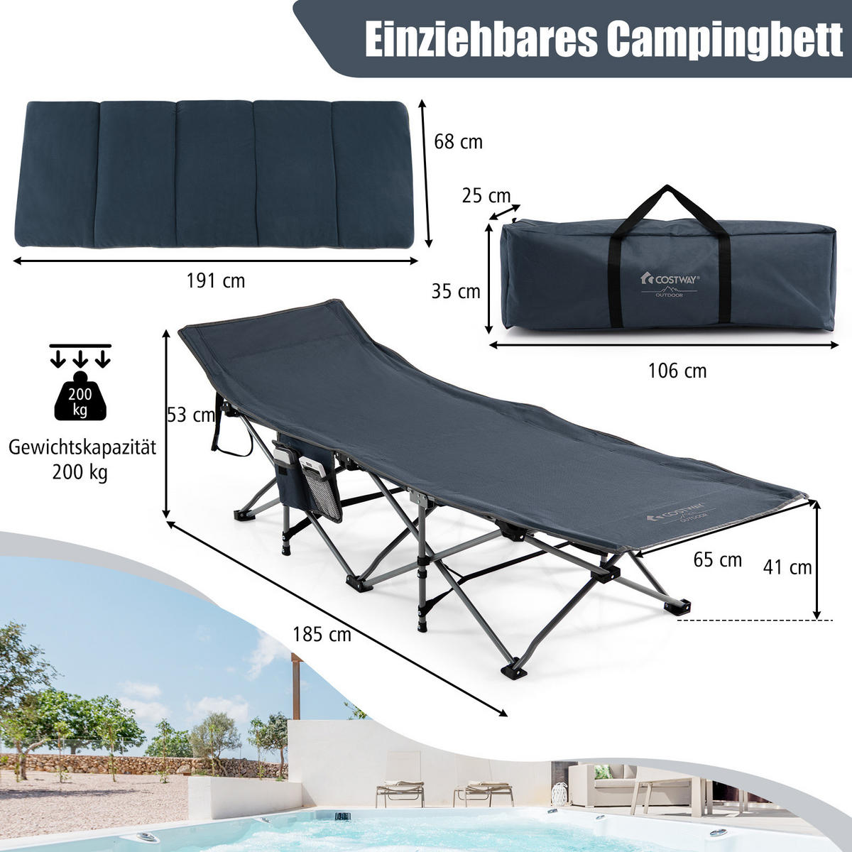 CAMPINGBETT Mit Matratze+Kissen Blau - Blau, Metall - COSTWAY