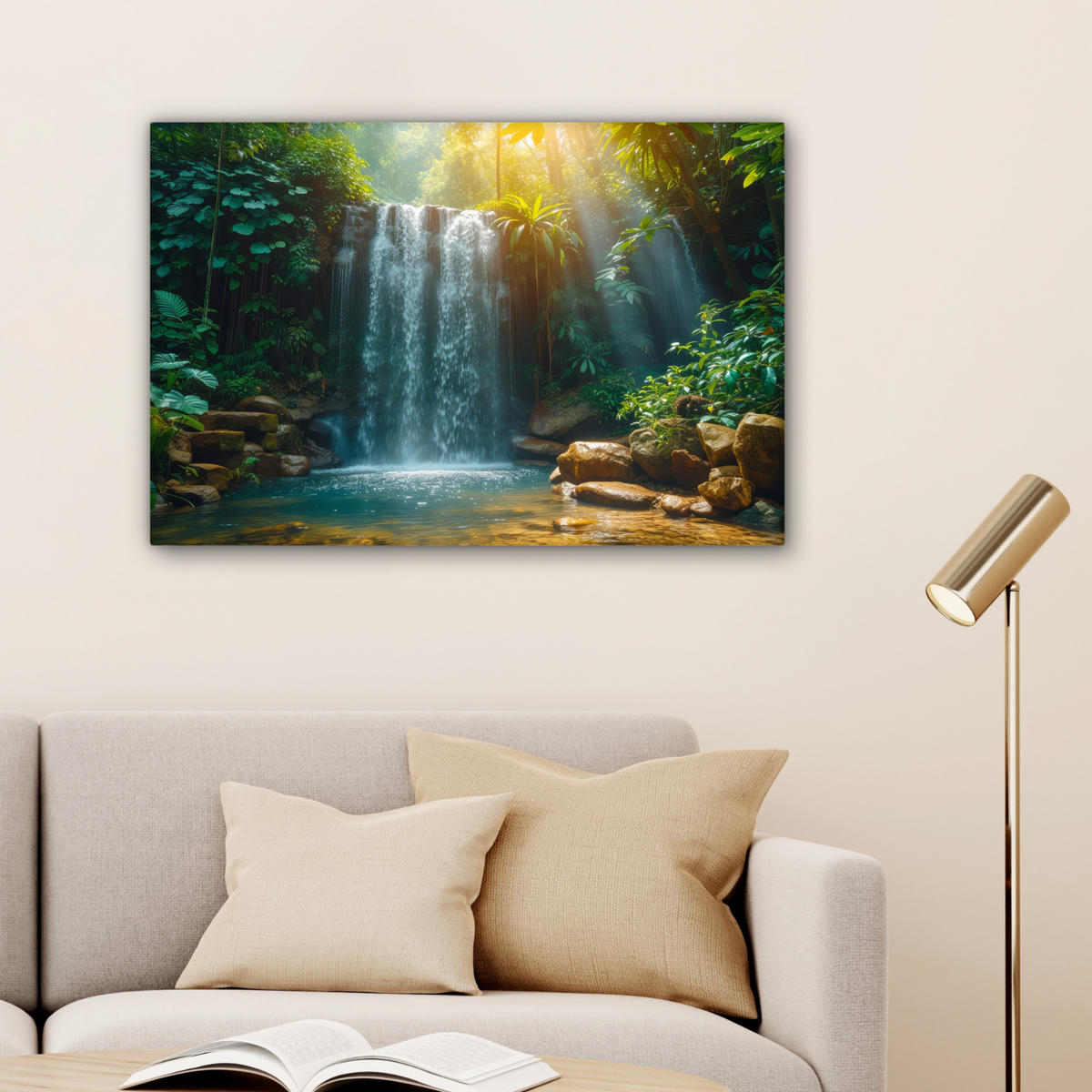 LEINWANDBILD Wasserfall - Dschungel - Sonne - Grün - Natur Wanddeko 90x60 cm - Grün, Textil (90/60cm) - MuchoWow