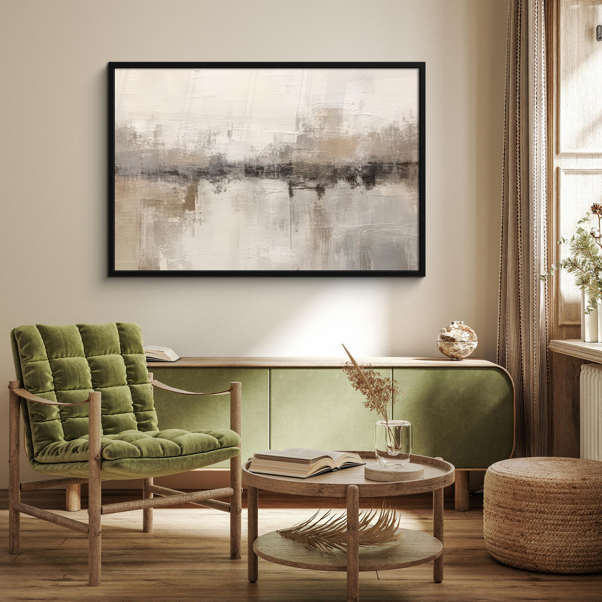 POSTER MIT RAHMENGERAHMTES BILD Moderne Kunst - Abstrakt - Beige 120x80 cm - Beige, Papier (120/80cm) - MuchoWow