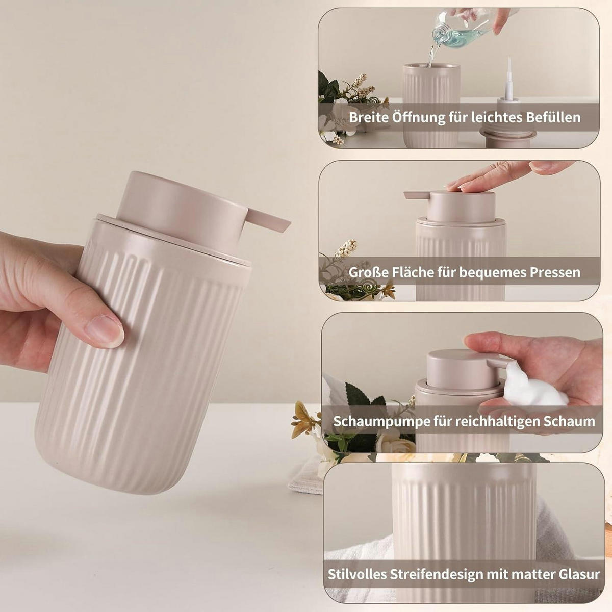 SEIFENSPENDER Keramik 350ml Streifen Khaki - Olivgrün, Keramik (8/14/8cm)