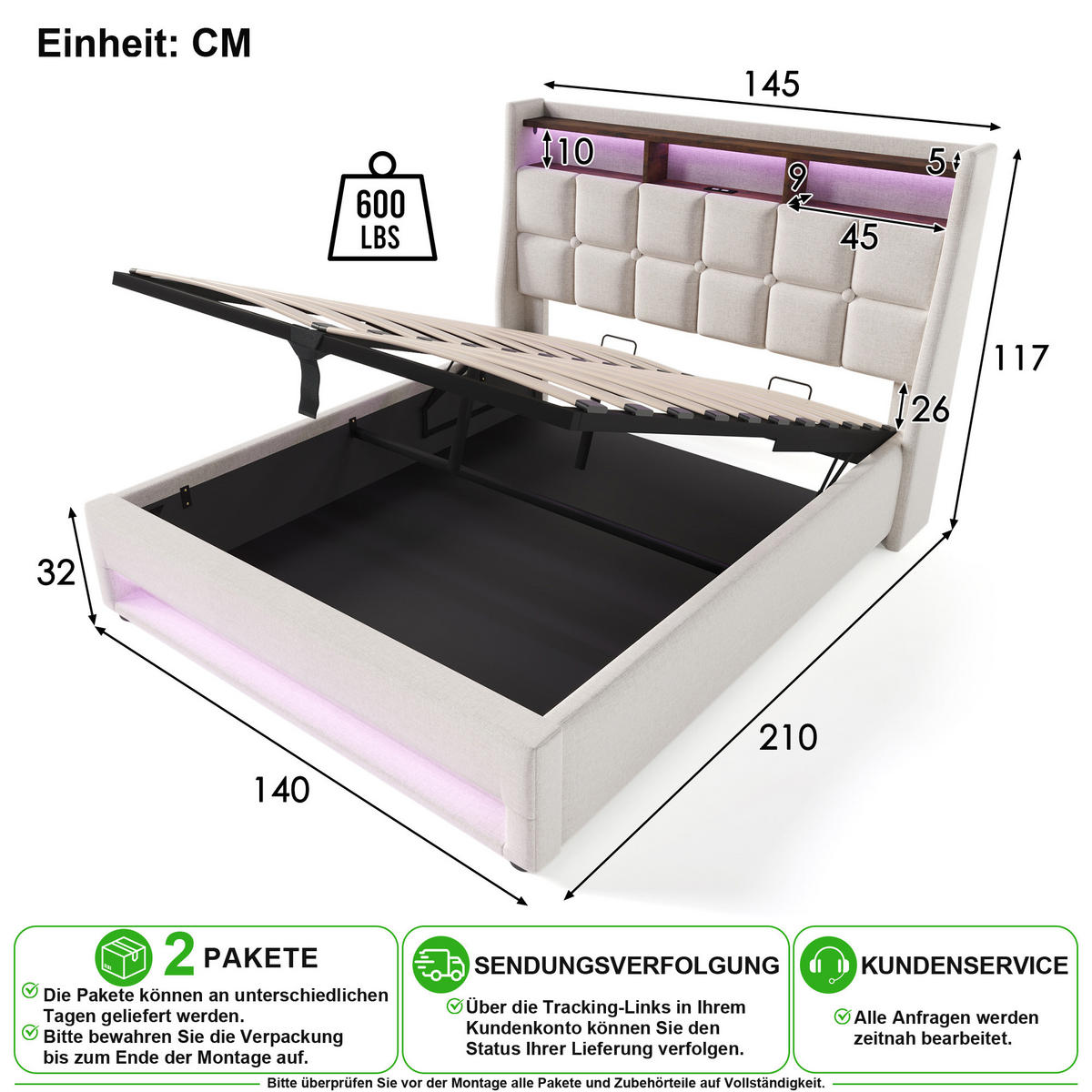 POLSTERBETT 140/200 cm in Beige Leinen mit Bettkasten, LED und USB - Beige, Holzwerkstoff/Textil (140/200cm) - CHICFURN