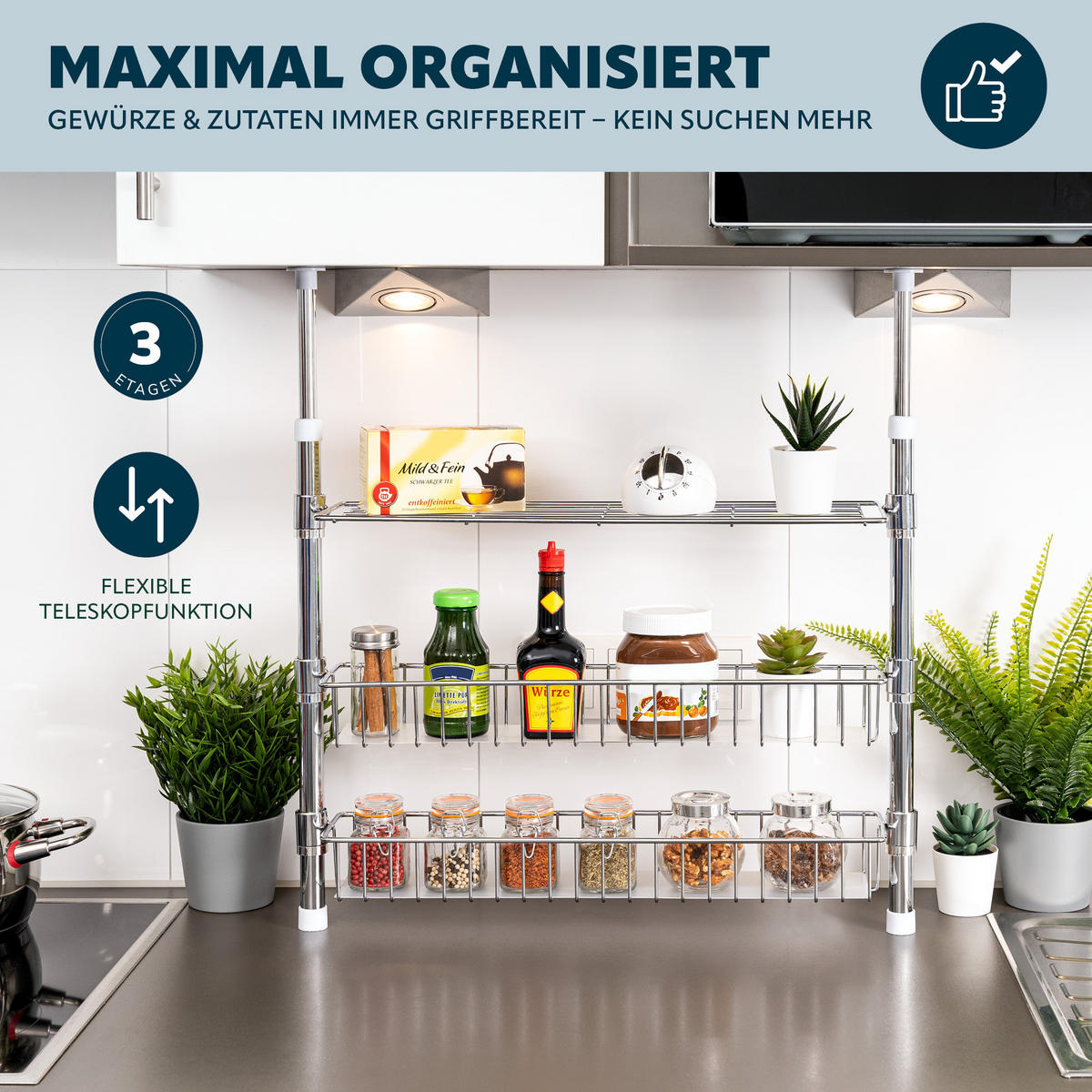 TELESKOP-GEWÜRZREGAL, silber, Metall - Chromfarben, Metall (55/80/14cm) - bremermann