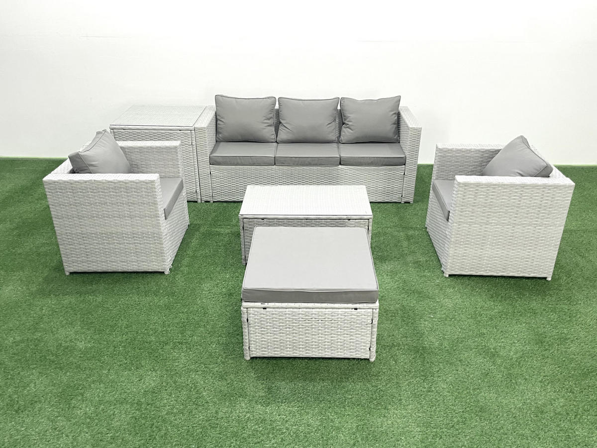GARTENMÖBELSET mit 3-SITZER SOFA,COUCHTISCH Polyrattan Hellgrau-Mix 6-Sitzer - Hellgrau/Grau, Glas/Kunststoff - Fimous