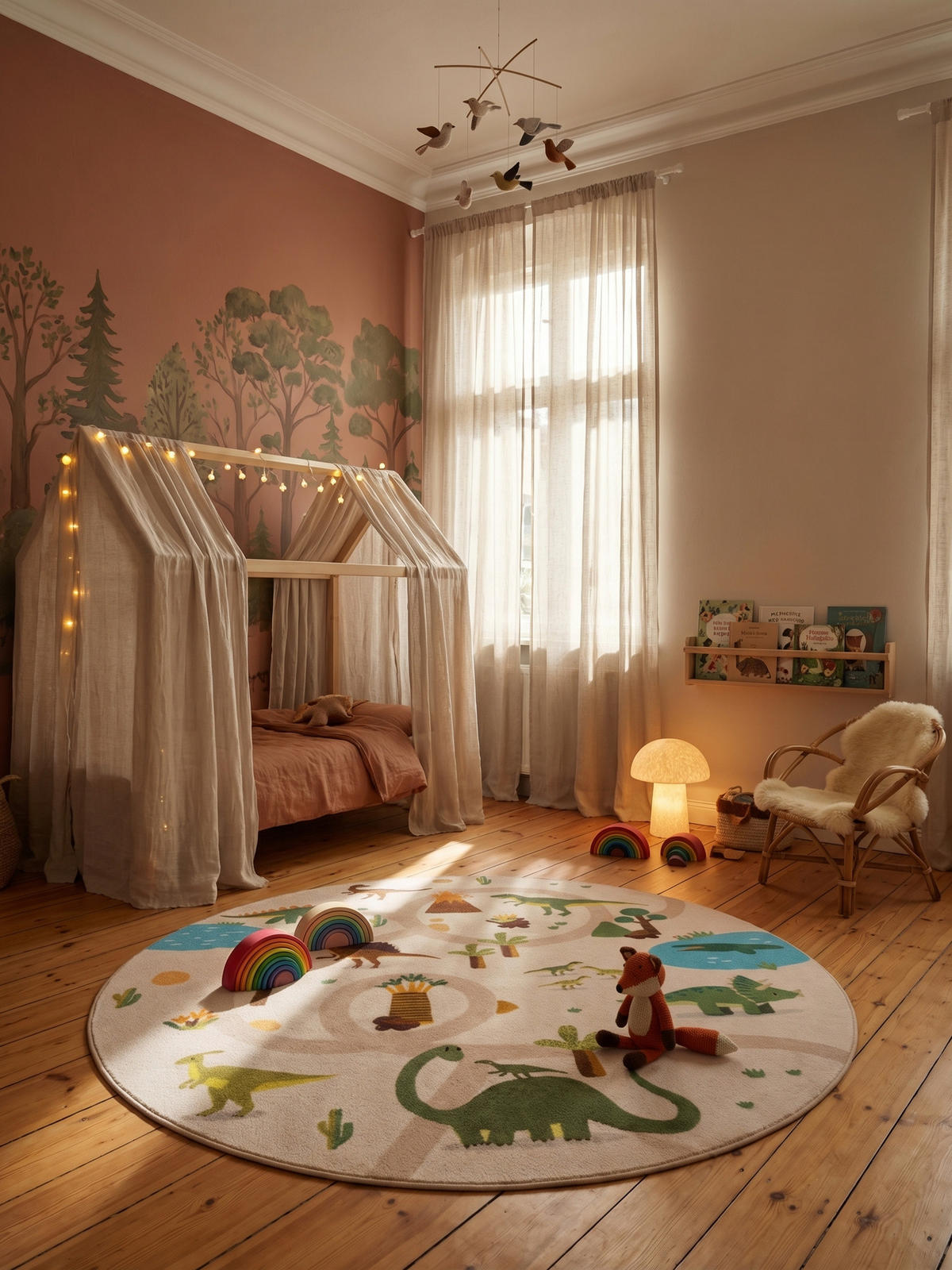 KINDERTEPPICH Kurzflor Dinosaurier-Landschaft Waschbar OEKO-TEX Spielteppich Jungen Mädchen Rund Beige 200x200 – TINO - Beige, Textil (200/200cm) - KADIMA DESIGN