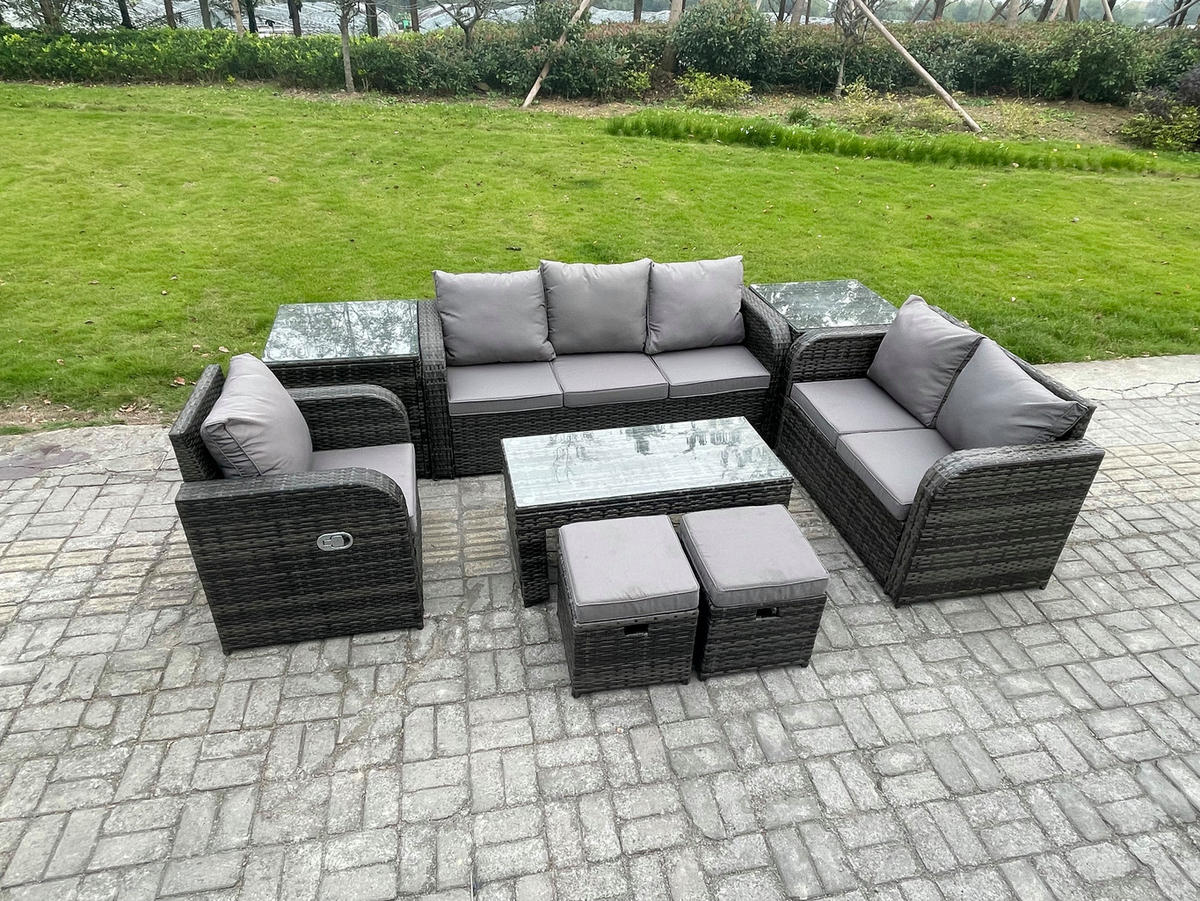 GARTENSOFA SET mit rechteckigem COUCHTISCH Polyrattan 8-Sitzer Dunkelgrau - Dunkelgrau/Grau, Glas/Kunststoff - Fimous