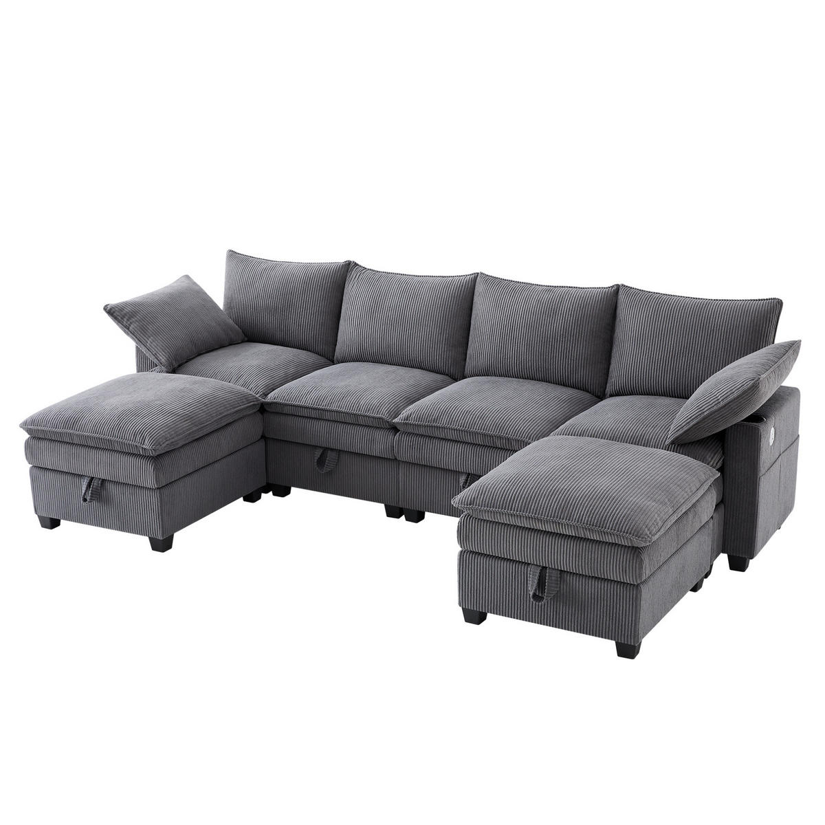 WOHNLANDSCHAFT aus Cord 280x151x82 cm Grau mit USB-Anschlüssen, Stauraum, Getränkehaltern und 2 Fußhockern - Grau, Textil (151/82/280cm) - Modfu