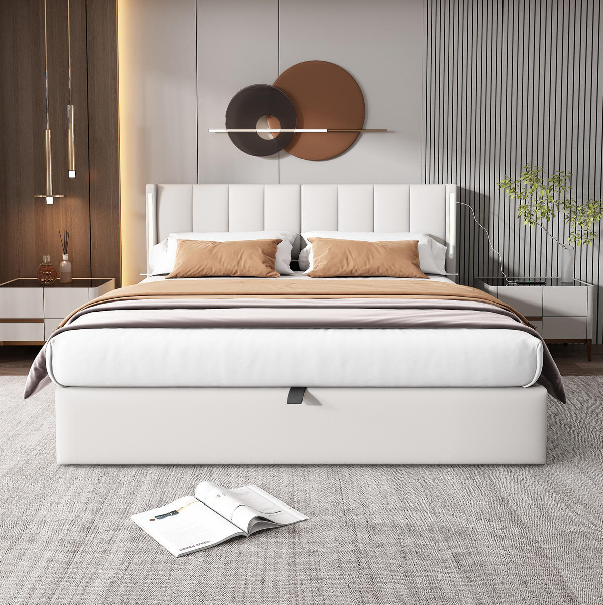 POLSTERBETT 140/190 cm aus PU mit LED-Beleuchtung, USB-Anschluss, verstellbarem Kopfteil und Bettkasten, Weiß - Weiß, Kunststoff (140/190cm) - Redom