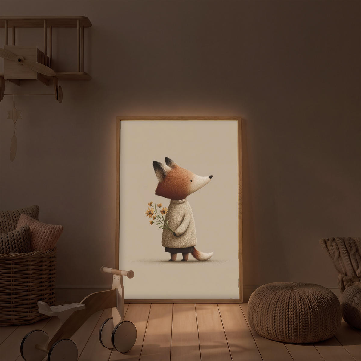 DOBÍJECÍ NOČNÍ LAMPIČKA Liška - Žluté květy - Minimalistický 60x90 cm - šedohnědá, kompozitní dřevo (8/60/90cm) - OnlyWow