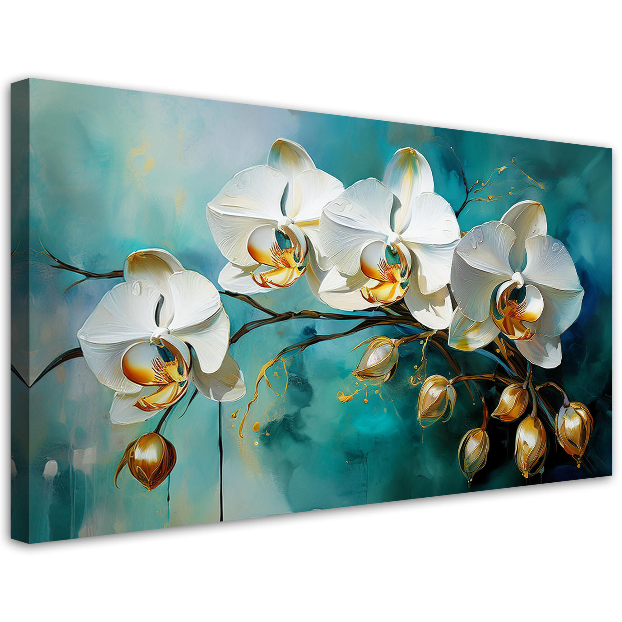 WANDBILD weiße orchideen auf türkisfarbenem hintergrund - Türkis, Textil (100/50cm) - Feeby