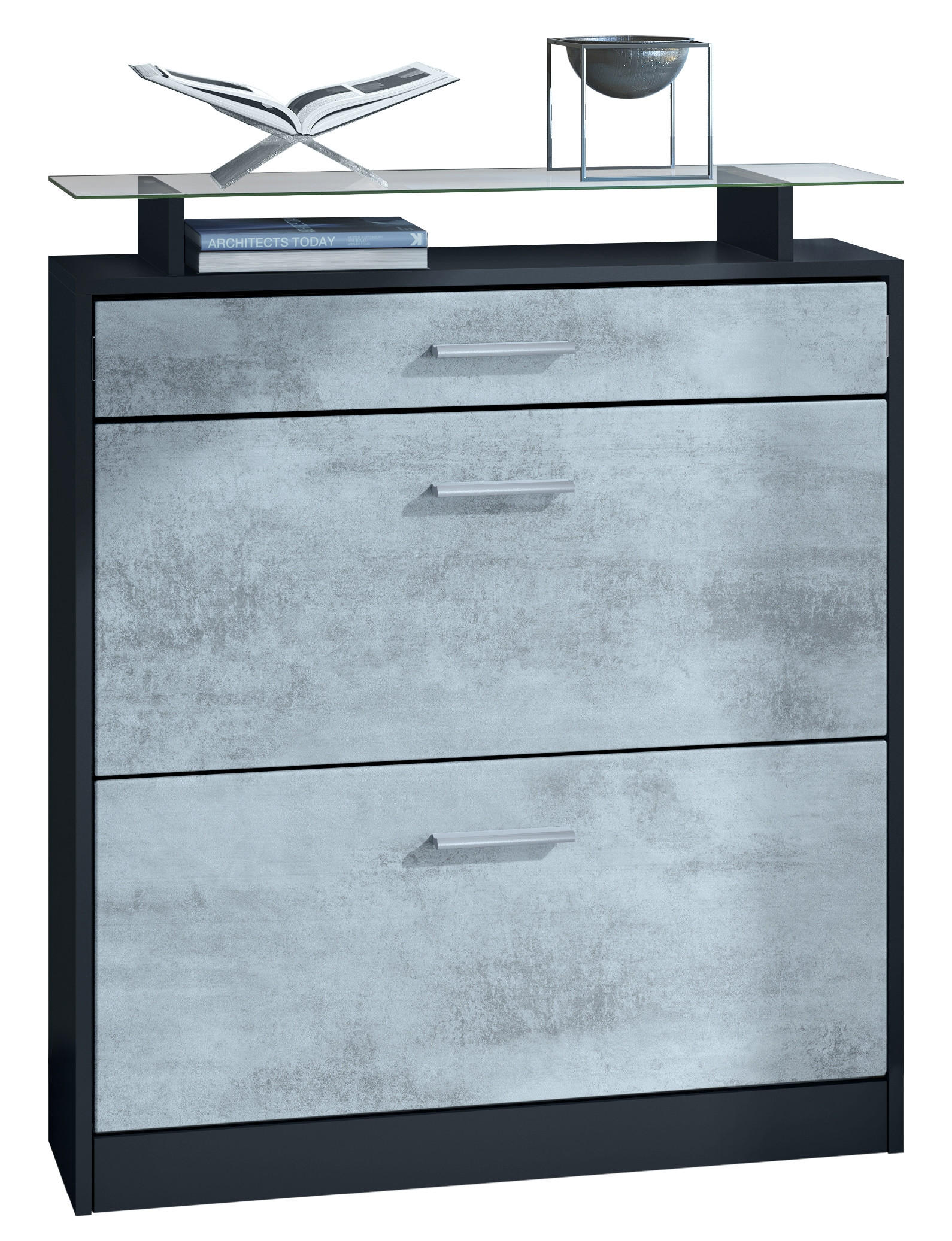 SCHUHSCHRANK Loret Front in Beton Oxid Optik - Hellgrau, Holzwerkstoff (89/104/23cm) - Vladon