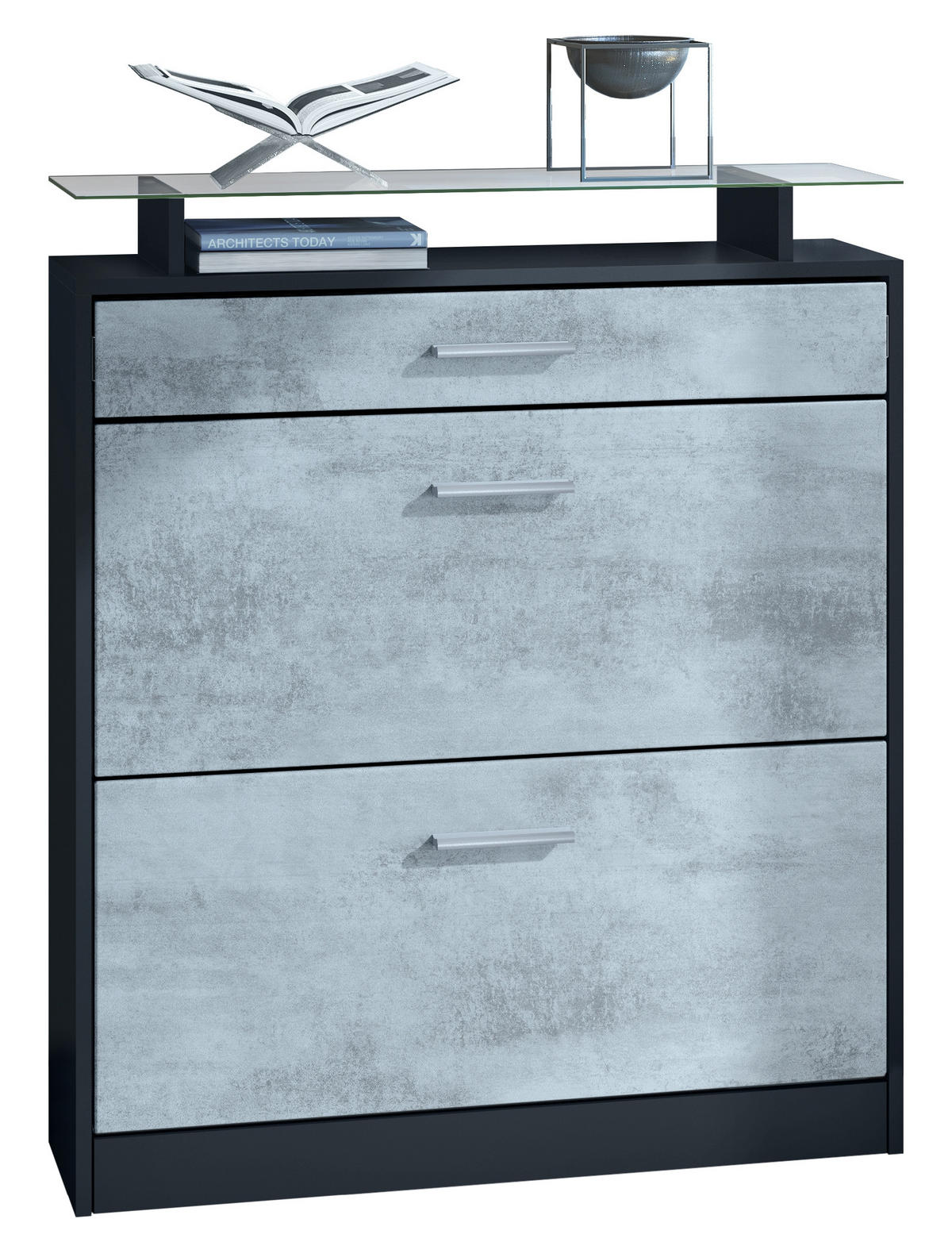 SCHUHSCHRANK Loret Front in Beton Oxid Optik - Hellgrau, Holzwerkstoff (89/104/23cm) - Vladon