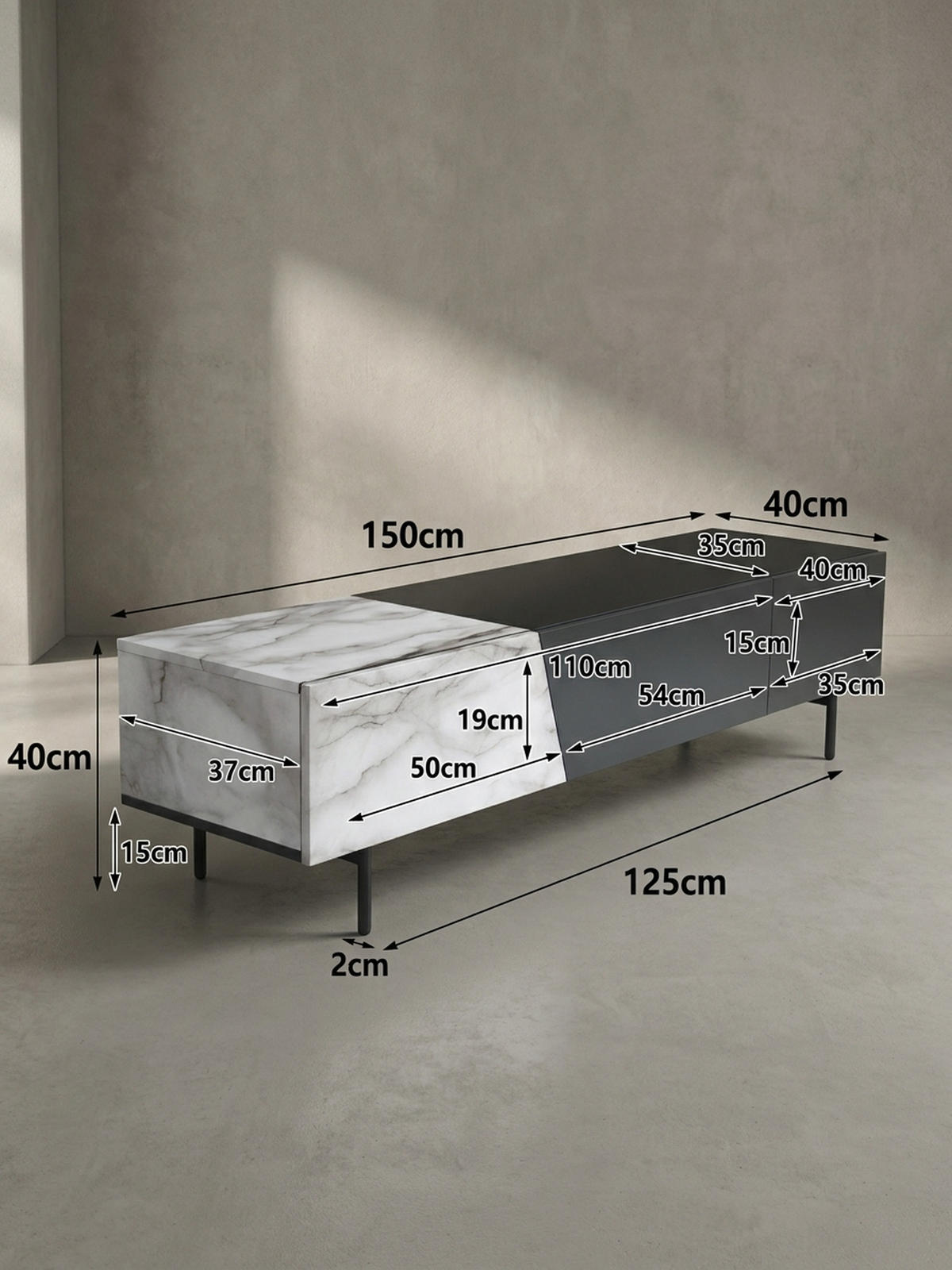 TV-LOWBOARD mit Eiche-Dekor, Türen und Schublade, modern, Weiß-Schwarz 150x40x40 cm - Schwarz/Weiß, Holzwerkstoff/Metall (150/40/40cm) - KADIMA DESIGN