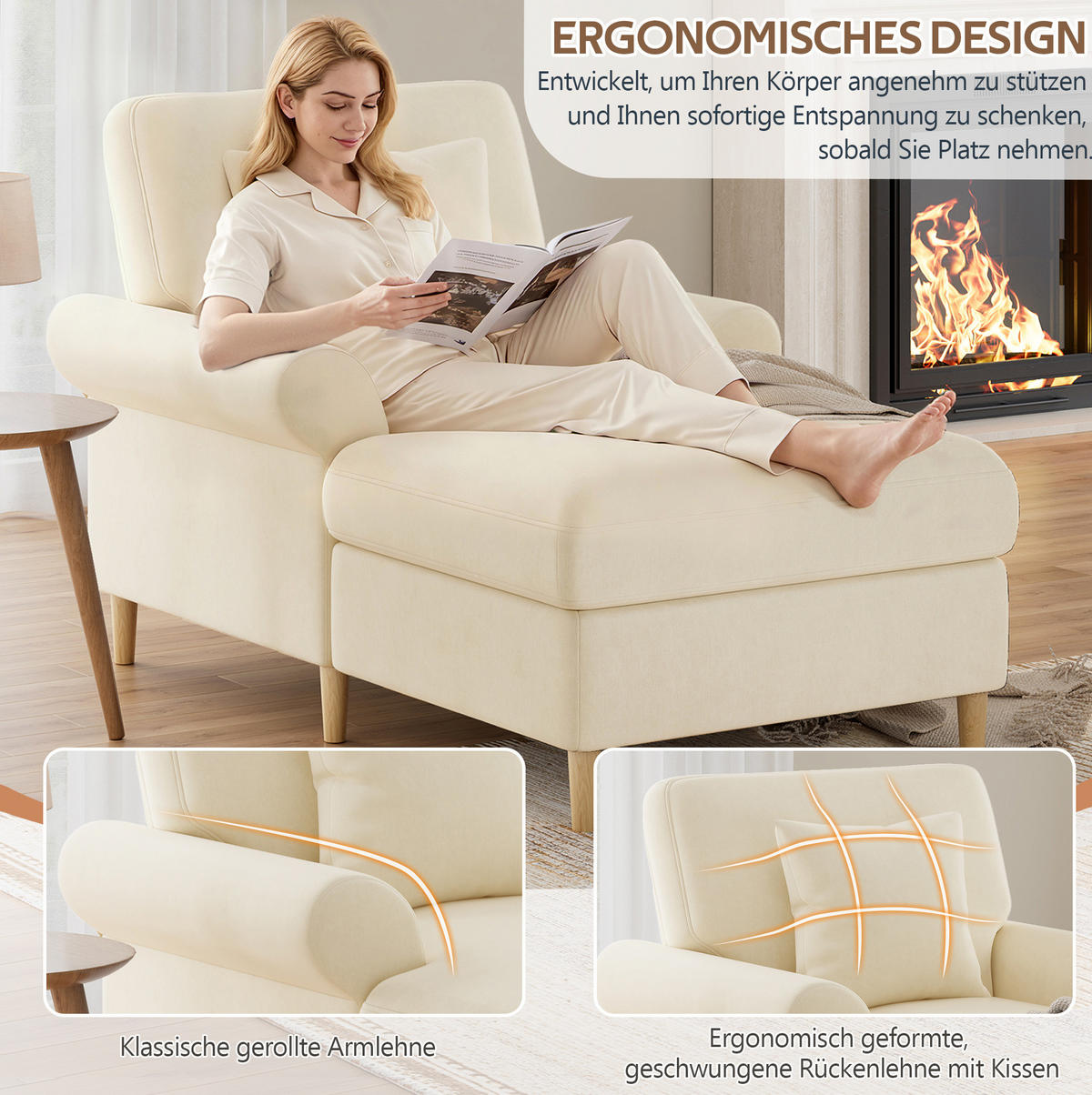 SCHLAFSESSEL 133/87/90 cm in Beige aus Samt mit Liegefunktion und Kissen - Beige, Textil (87/90/133cm) - Flora Grace