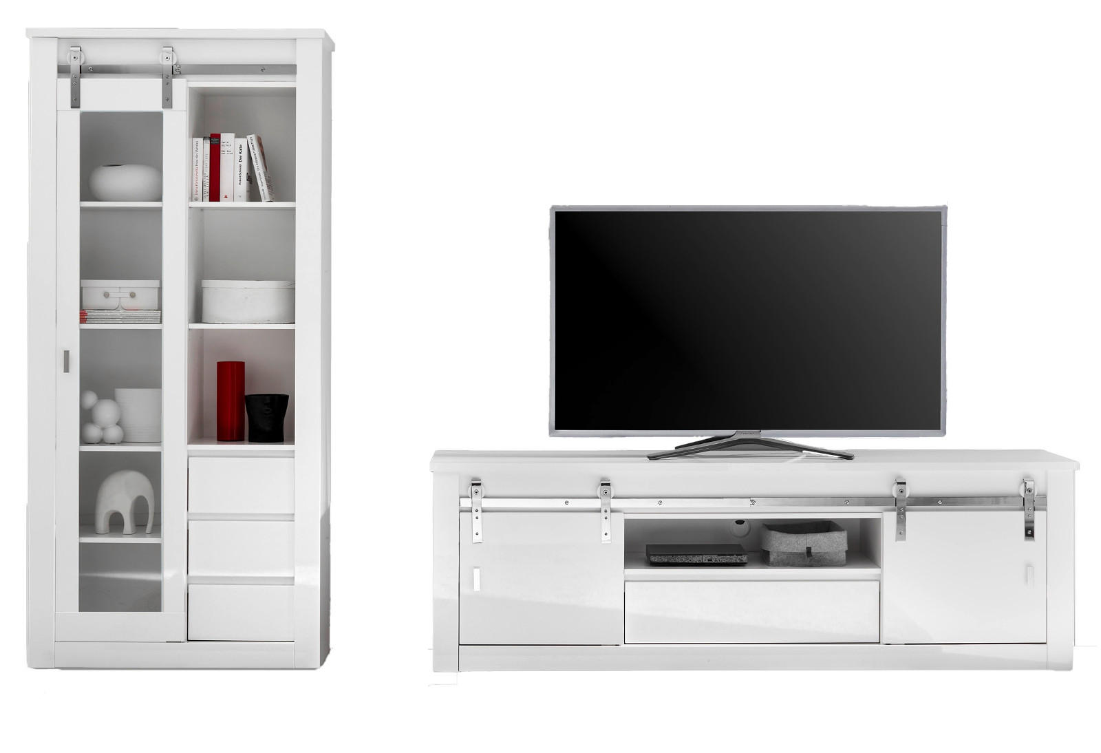 WOHNWAND weiß Hochglanz 2-teilig 309 x 201 cm, Wohnkombination mit Soft-Close - Chromfarben/Weiß Hochglanz, Glas/Holzwerkstoff (309/201/43cm) - Furn.Design