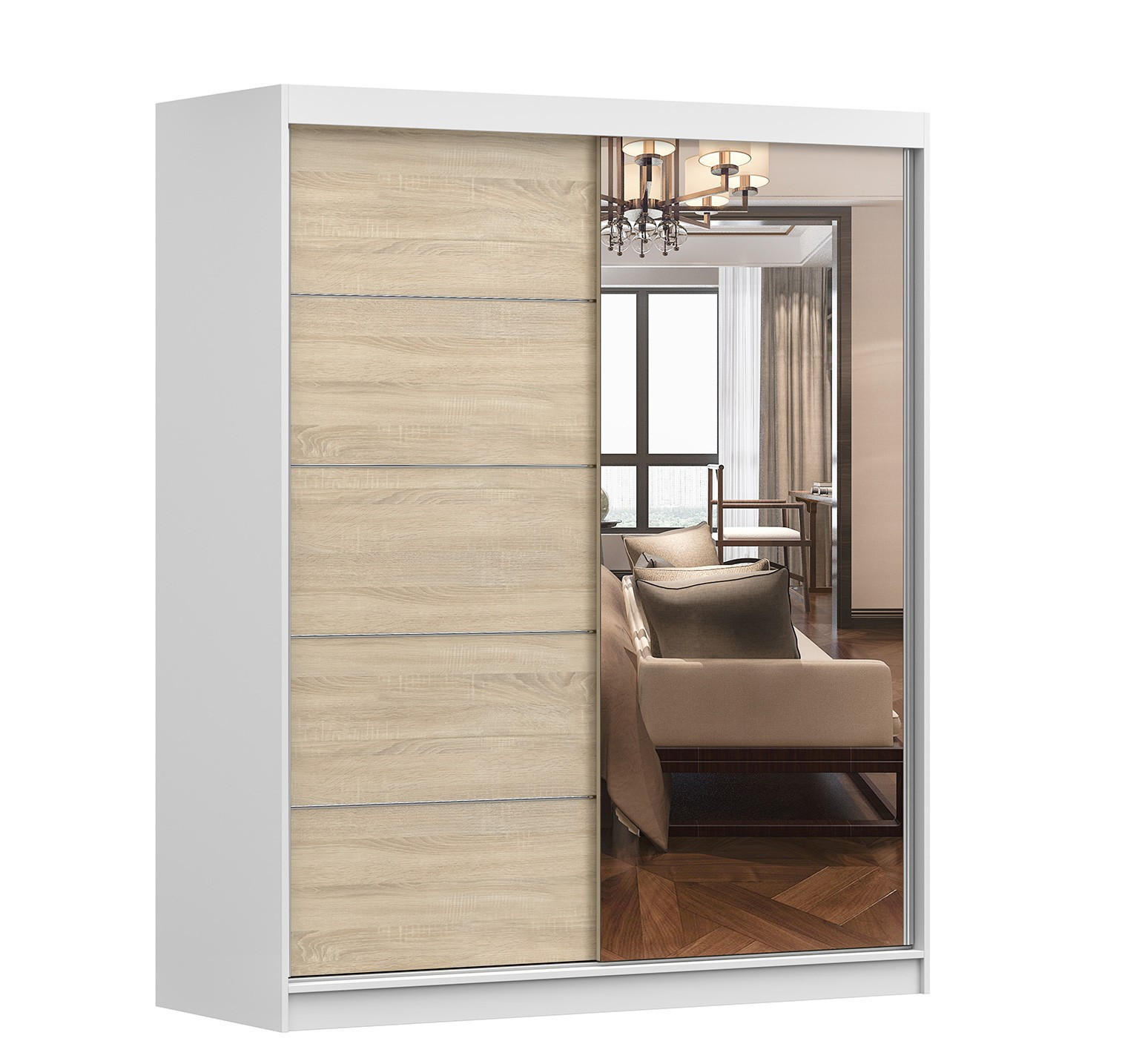 SCHWEBETÜRENSCHRANK Bono 05 Weiß/Sonoma Eiche mit Spiegel 160 cm - Alufarben/Weiß, Glas/Holzwerkstoff (160/195/61cm) - imoebel24