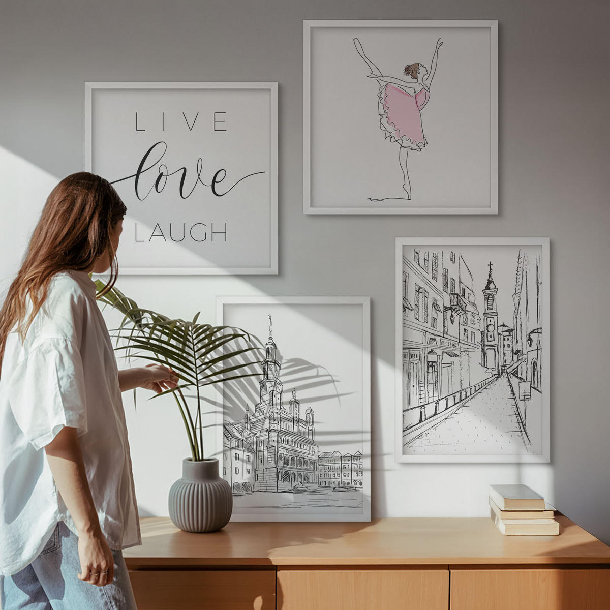 WANDBILDER 4er-Set - 50x50 cm & 40x60 cm Weißer Rahmen - Stilvolle Grafik, Ballerina-Architektur - Weiß, Kunststoff (50/50cm) - ArtPrintCave