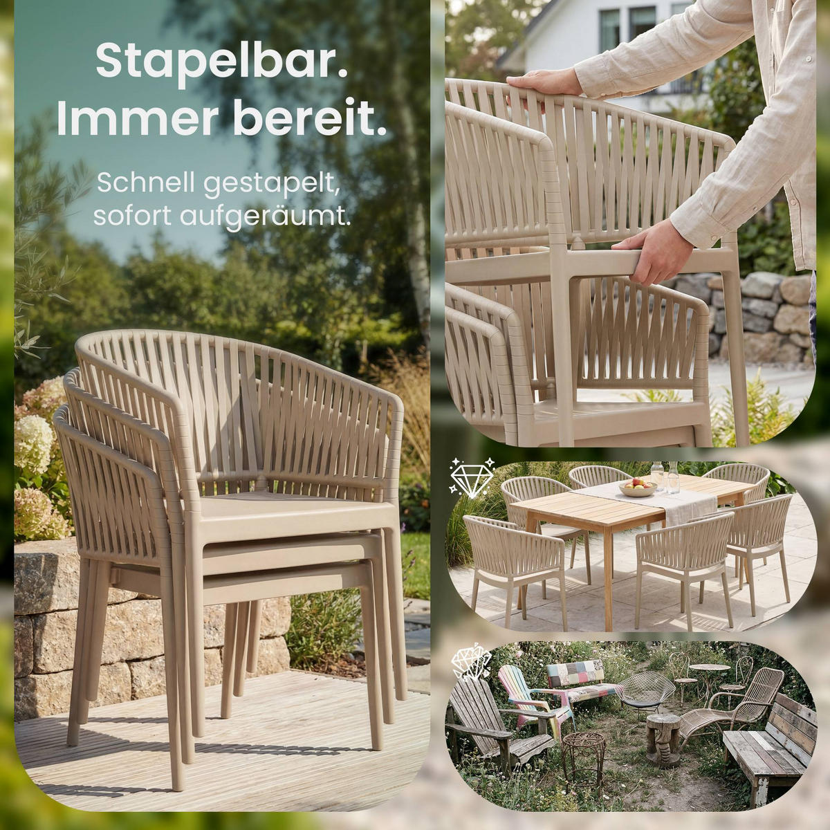 GARTENSTUHL 4er Set Kunststoff Taupe - Taupe, Kunststoff (58/80/58cm) - CLP