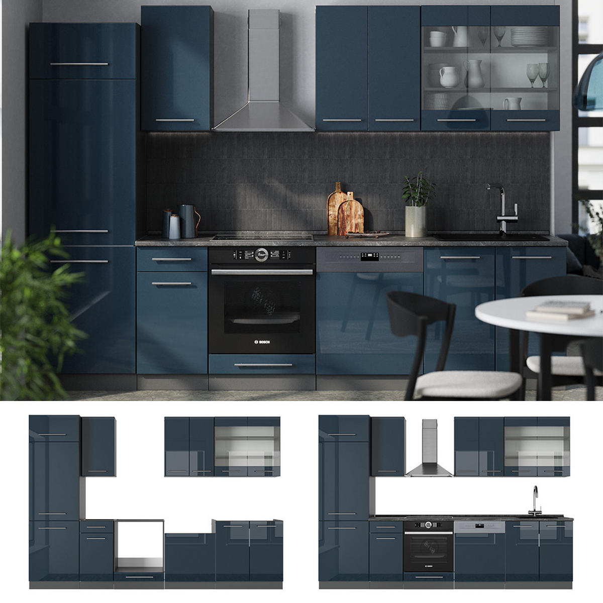 KÜCHENZEILE Fame-Line Dunkelblau Hochglanz/Anthrazit 300 cm, AP Marmor - Anthrazit/Dunkelblau, Holzwerkstoff (300/81.6/60cm) - Vicco