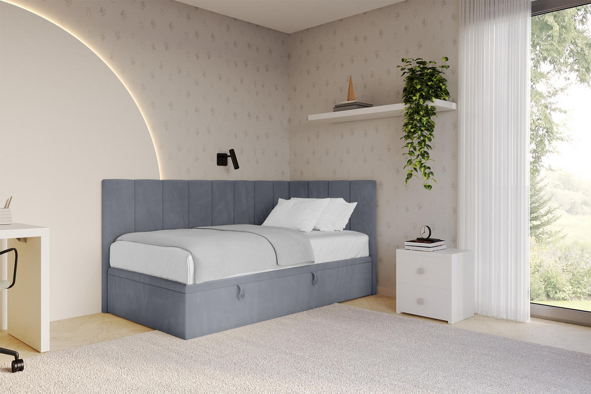 EINZELBETT Jugendbett mit Bettkasten Links, ohne Matratze - LOVY 90x200 Grau - Grau, Holzwerkstoff/Textil (90/200cm) - ALTDECOR